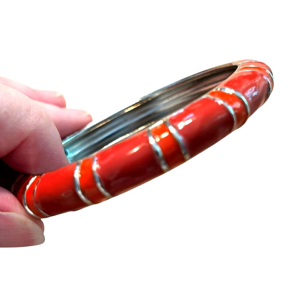 Bangle bracelet hinged clamper style silver textured pink & orange enamel finish